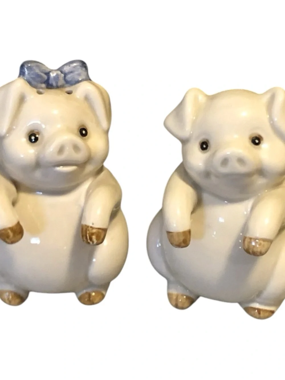 70’s Fitz and Floyd Cream Ceramic Pig Salt & Pepper Shakers Blue Bow 3.25”X2.25